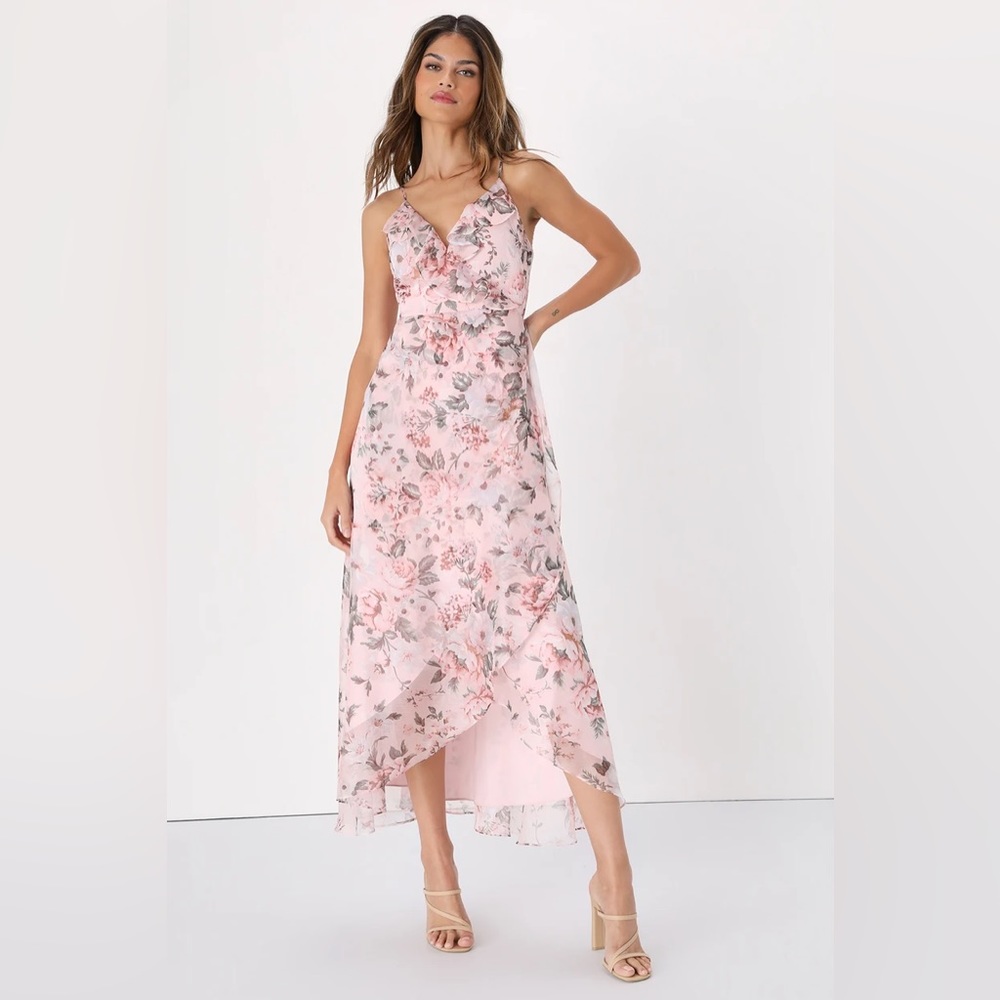 Lulus Dainty Love Blush Pink Floral Ruffled High-Low Faux-Wrap Dress Size Small
